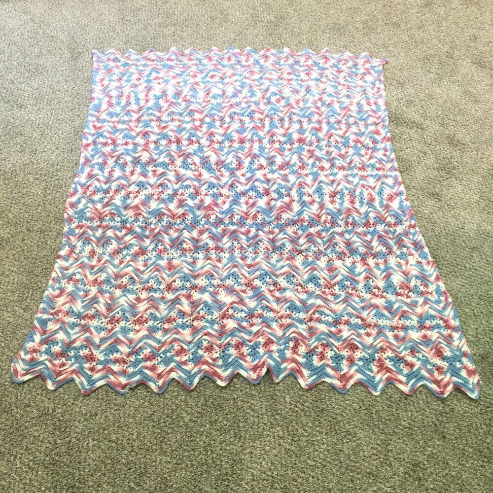 Vintage Handmade Crochet Throw Blanket Heavy Knit Zig Zag Pink Blue White 64x72